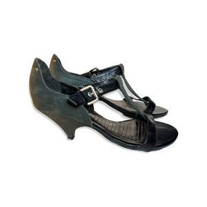 Vintage Cacharel Sandals T-Strap Heels Kitten Heel leather black green 5
